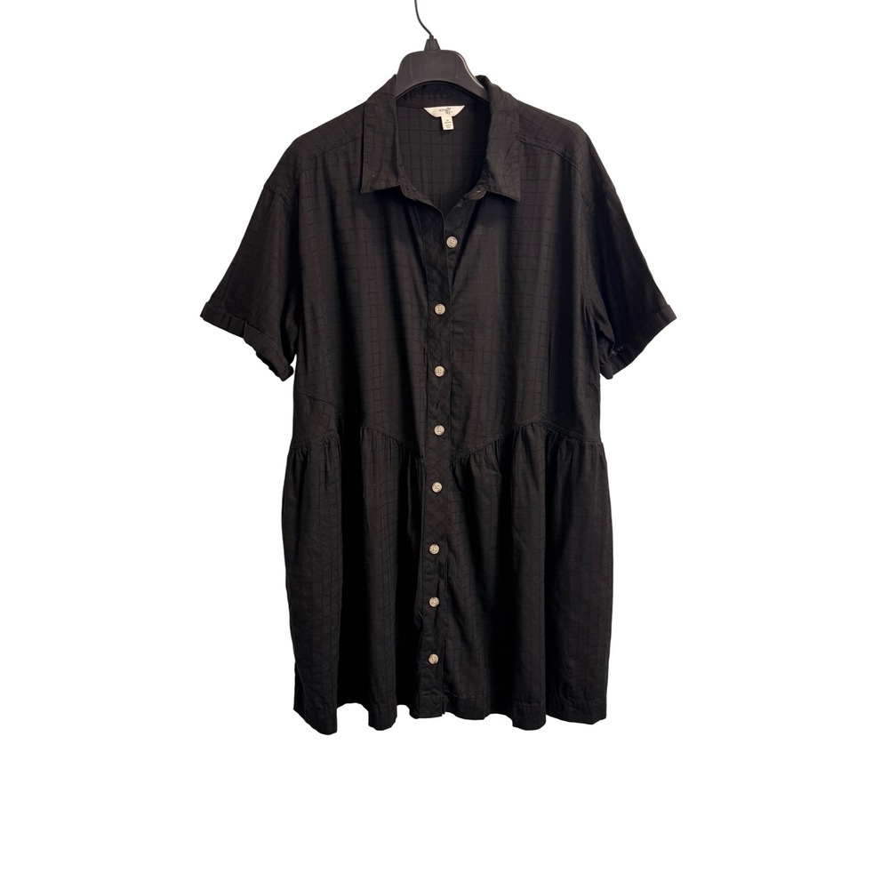 Terra & Sky Black Grid Babydoll Shirt Dress Plus Size 2X Cotton Blend Pocket